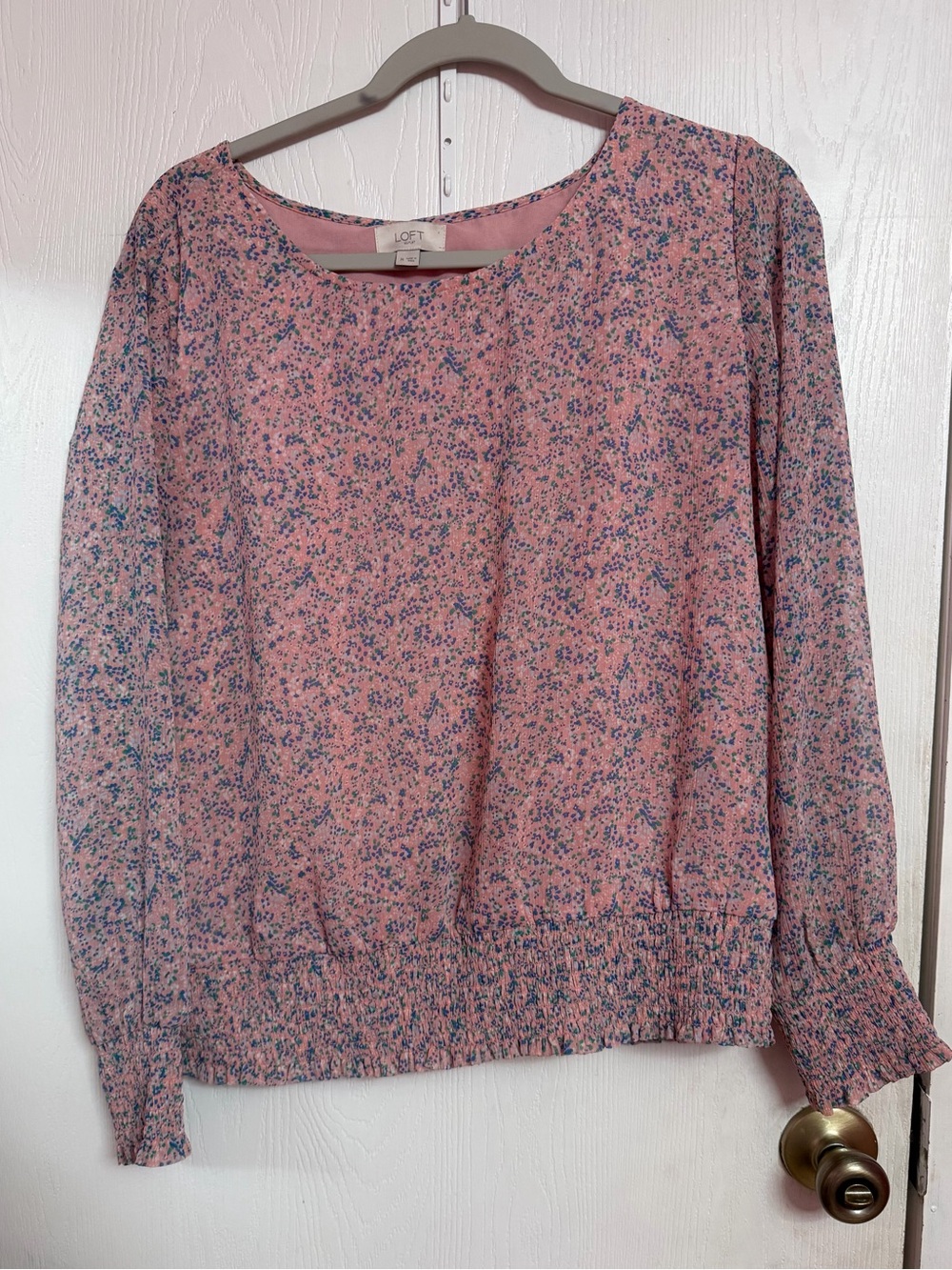 LOFT Pink Floral Smocked-Hem Long Sleeve Blouse